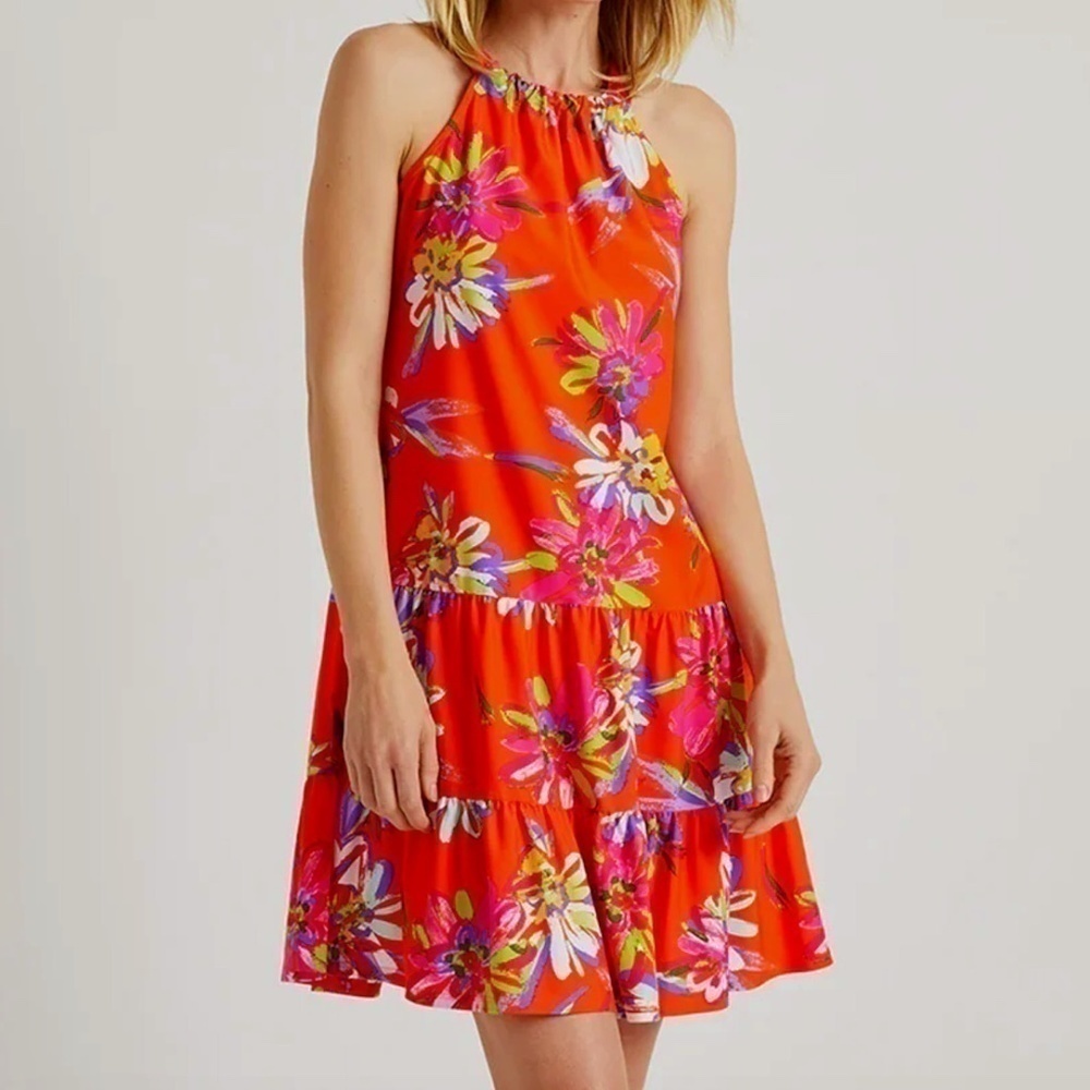 EUC Jude Connally Leanna Impressionist Flounce Dress Floral Orange Size Large